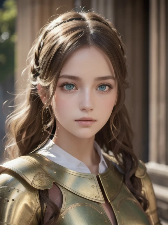  One Girl  , masterpiece, top quality , 8k,  detailed skin texture showing the cathedral, DETAILED CLOTH TEXTURE, beautiful detailed face photographed outdoors,  intricate details ,  ULTRA DETAIL , European style girl,  green eyes,  Golden curly hair 】,  3D character  ,  medieval knight 