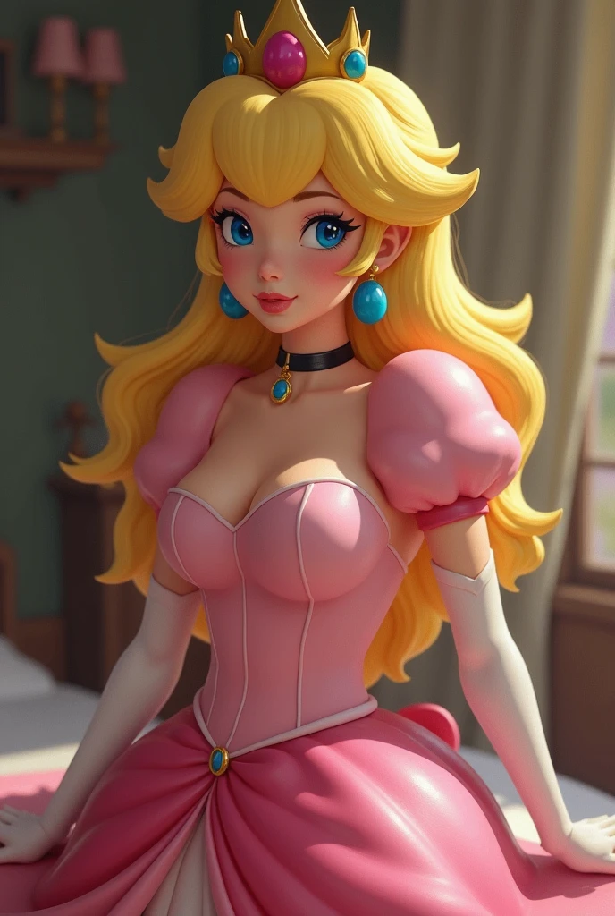 (high-quality detailed textures:1.2),princess peach,long sexy skirt,crop top,big breasts,deep neckline,peach-colored clothing,ultra-detailed,realistic,portrait,fantasy,soft lighting,vibrant colors, white thong 