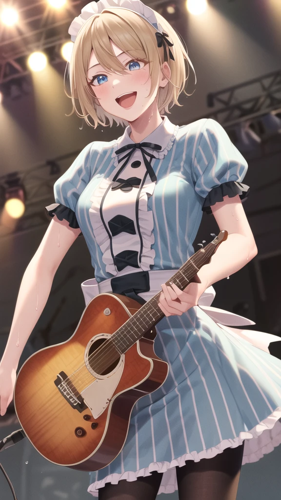 masterpiece, best quality, highres, 1girl, solo, short hair, blonde hair, blue eyes, maid headdress, neck ribbon, frills, vertical-striped dress, blue dress, short sleeves, white apron, black pantyhose, stage, standing, holding instrument, guitar, smile, happy, open mouth, sweat