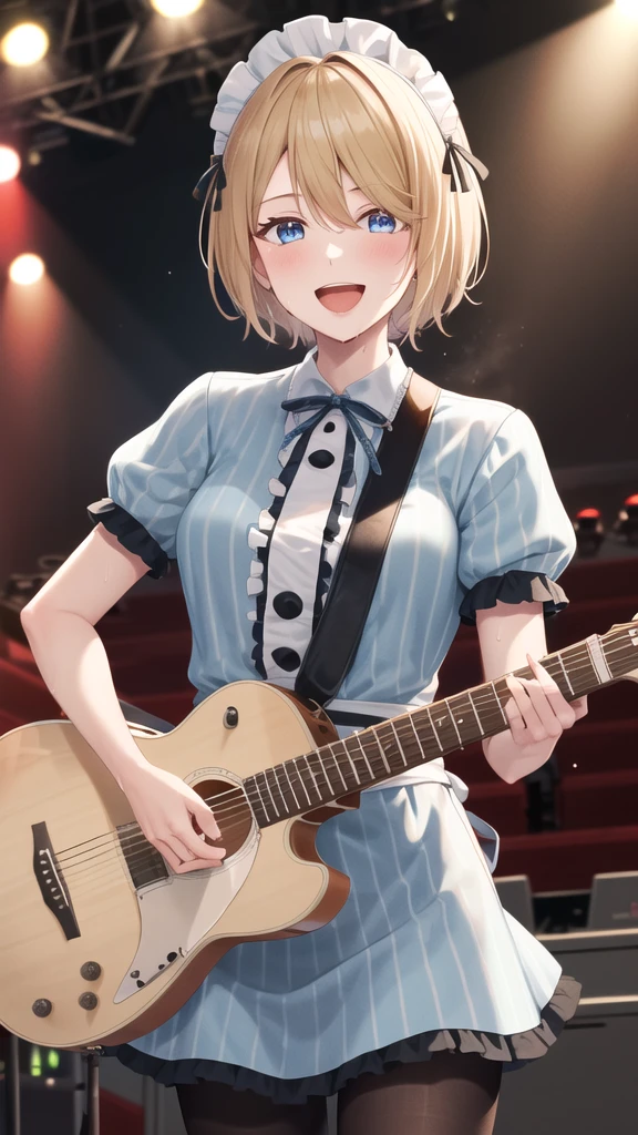 masterpiece, best quality, highres, 1girl, solo, short hair, blonde hair, blue eyes, maid headdress, neck ribbon, frills, vertical-striped dress, blue dress, short sleeves, white apron, black pantyhose, stage, standing, holding instrument, guitar, smile, happy, open mouth, sweat