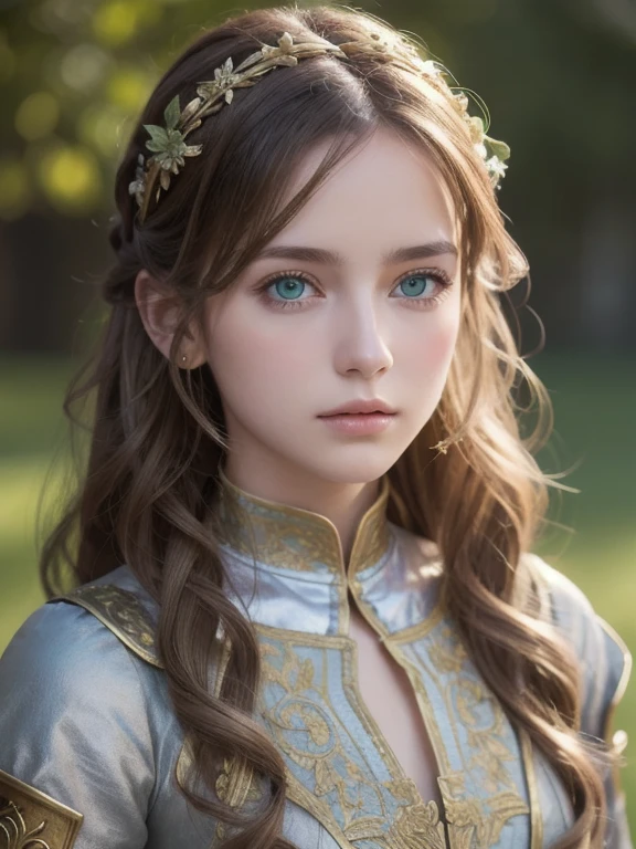  One Girl  , masterpiece, top quality , 8k,  detailed skin texture showing the cathedral, DETAILED CLOTH TEXTURE, beautiful detailed face photographed outdoors,  intricate details ,  ULTRA DETAIL , European style girl,  green eyes,  Golden curly hair 】,  3D character  ,  medieval knight 