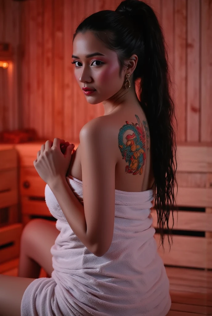 A beautiful indonesian woman, tied hair wearing towel, colorful dragon tattoo on her back, in the sauna room with led light, look back at the viewer, 