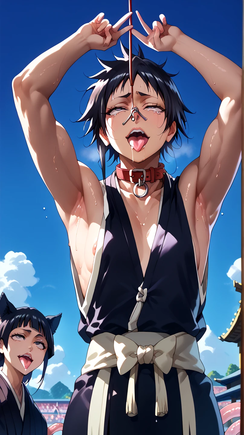 a picture, inspired by Kentaro Miura, trending on pixiv, soifon from bleach, black uniform, favorite scene, fine details, skins, sweating, small breasts, both hands raised, armpits, (small head),armpits visible, dripping with sweat, more more sweat, ((Japanese clothes)),open mouth,rolling eyes,muscle,kneel down,open legs,For the audience, (muscle:1.2),Looking at the audience, tired, (small breasts),sexy body,perfect body,(drooling), tears, head wet, runny nose, black hair, (dog collar) ,transparent nose hook, tentacle in mouth.