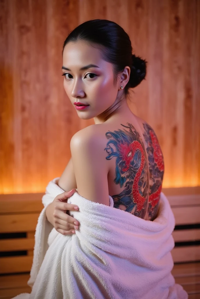 A beautiful indonesian woman, short tied hair, wearing towel, colorful dragon tattoo on her back, in the sauna room with led light, look back at the viewer, 