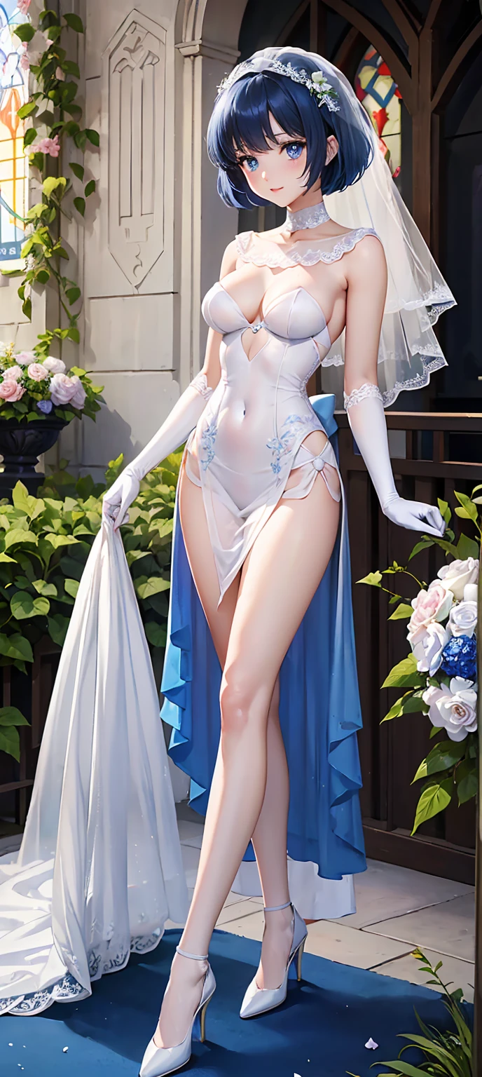 (Wonderful and exquisite Sailor Mercury), Beautiful detailed blue eyes,  blue hair,  bob cut、 One Girl 、 Extremely Delicate 、Straight face、 incomparably beautiful girl with excellent estimates、 soft、(Functional)、(Naughty)、(Cute)、Delicate face、Bright lips, A shy and lewd smile、（Transparent Veil）、(( White See-through Strapless Wedding Dress with Luxurious Lace Embroidery))、  The shape of an erect nipple stands out、((Pure white gloves))、(((I have a bouquet of bridal dresses)))、 white panties with gorgeous lace embroidery、 ( high heels by Miguel)、 ( small butt)、(((Big Breasts)))、(((*********:1.**)))、((( slim figure)))、((( very thin and beautiful thighs)))、( very thin and beautiful waist )、(Long, slender legs)、((( flower garden where you can see a small church with colorful flowers)))、4K、 super high res、(masterpiece,  best quality)、( beautiful eyes drawn in detail)、( Beautiful Detailed Face)、Stroll through the flower garden 、 composition from the front、 full-body portrait from head to toe