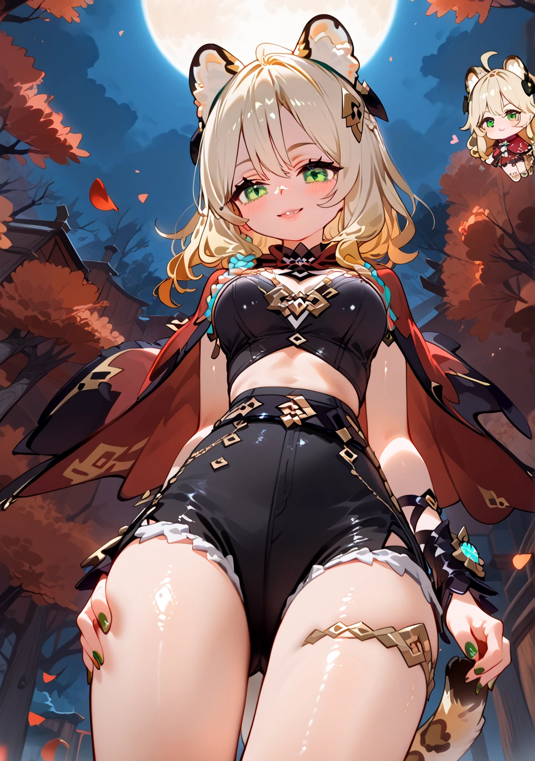 Highest quality, Highest quality, High quality illustrations, masterpiece, Ultra-high resolution, Detailed Background, Absurd, Perfect Anatomy, performance, Good lighting, Shadows in the movies, 1 girl, solo, Xilonen\(genshin_impact\), medium breasts, multicolored hair, blonde hair, green eyes, braid, animal ears, tail, leopard tail, voloptuous, alternate costume, Chibi, cute, kawaii, blush, (devil), big eyes, evil smile, long nail, looking down, (wearing red capelet, very long capelet), many petals in the air, dead trees, in the forest, close-up of girl, beautiful moon,((Chibi character)), chibi style, bewitching thighs, gleaming, shiny, shiny skin, shiny outfit