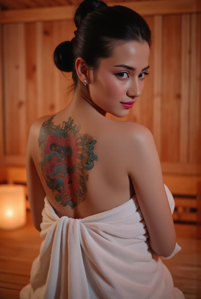 A beautiful indonesian woman, short tied hair, wearing towel, colorful dragon tattoo on her back to arm, in the sauna room with led light, look back at the viewer, 