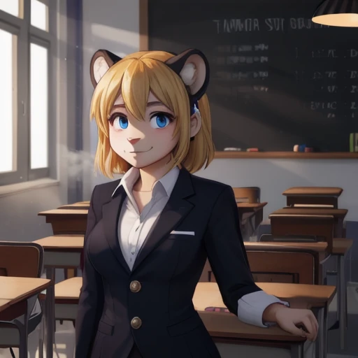   high res 、  high res 、 High image quality 、masterpiece、 one beautiful woman inside the aquarium building  、２５age、 school teacher 、 blondes、 blue eyes、Navy Suit、 school classroom、  Cute Poses 、 blackboard 、smile、(( depicting only the upper body ))、(( woman with a panther face ))