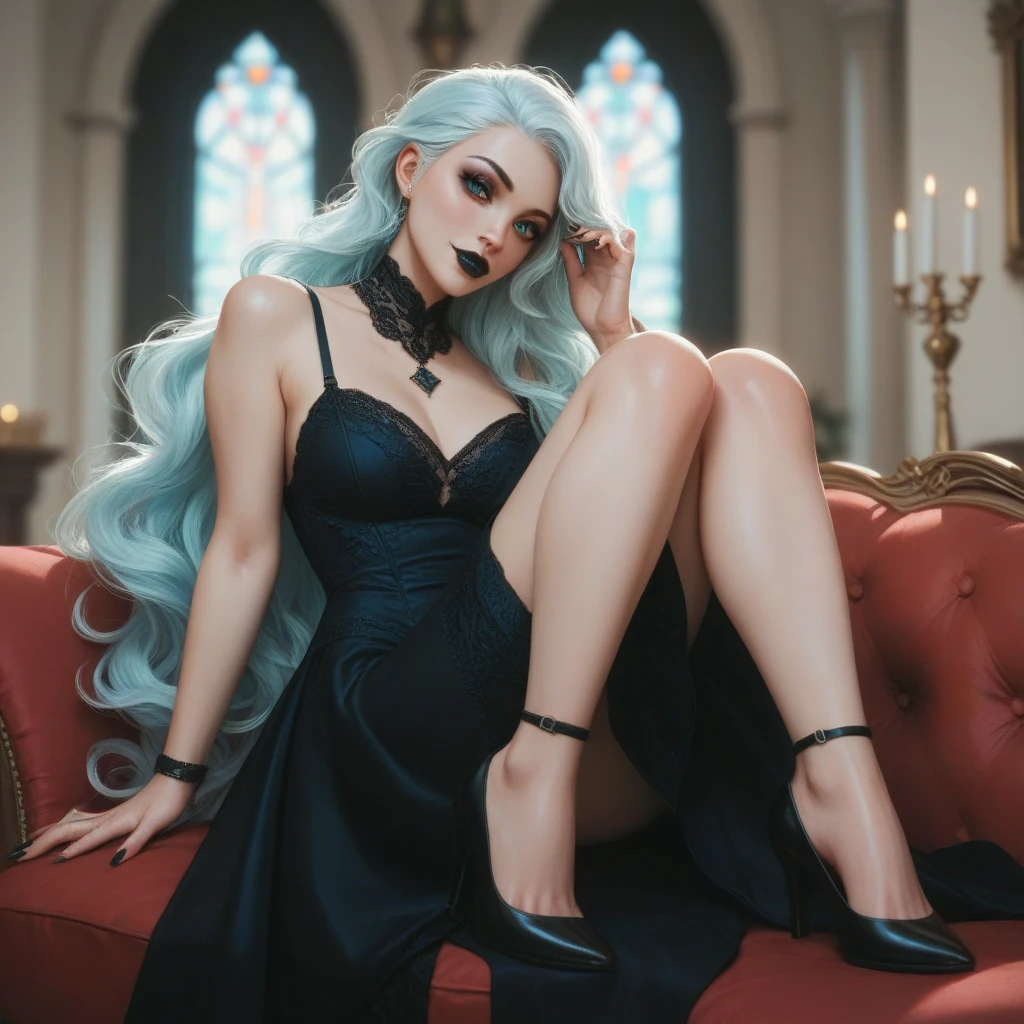 Generate an image of 22-year-old woman
with a gothic style
shoulder length wavy white hair short
dark long medieval dress
black rings
black pointed nails
cyan eyes
all body, With the tip of cyan hair
black lipstick
black eye makeup
long legs