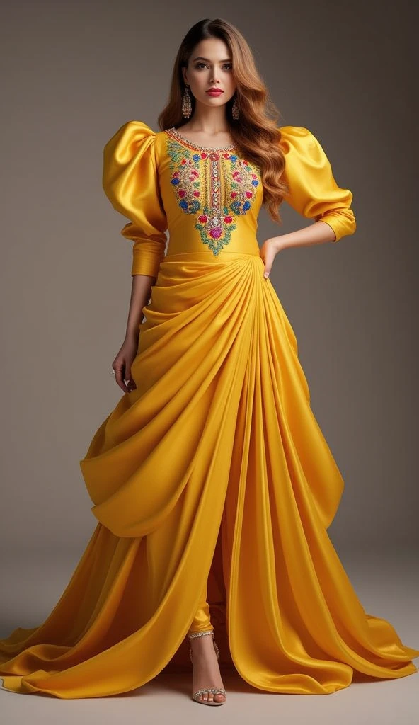 a tall and striking woman with golden-brown wavy hair, exuding confidence and charm. Her flirtatious expression enhances her captivating allure. She is dressed in a stunning Punjabi-style slim-fit outfit made of yellow shiny pure soft satin fabric, with intricate multicolor handwork adorning the yoke of her high-neck kurti. The kurti features exaggerated puffy shoulders, adding dramatic flair, while the slim-fit 3/4 sleeves contribute an elegant touch. She pairs the kurti with a flowing dhoti-style shalwar, enhancing the overall sophistication of the look. Her high heels elevate her poised and graceful stance. The combination of these elements creates a look that is both sophisticated and bold, radiating an alluring energy.