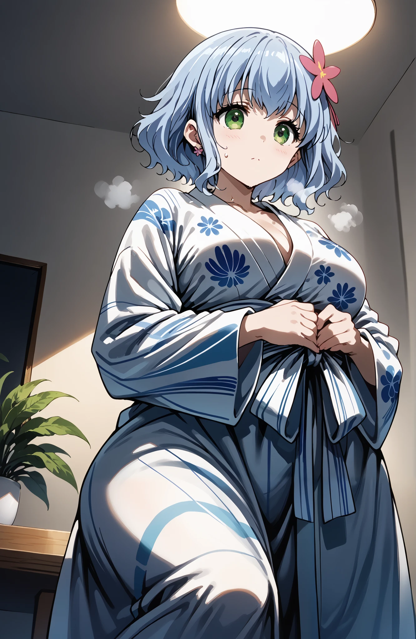 score_9, score_8_up, score_7_up, source_anime, 4K,perfect fingers,(perfect hands, perfect anatomy),
1girl,solo,amagimuse, muse, blue hair, green eyes, short hair, hair ornament, large breast,
wearing ((cotton yukata)),,
sexy pose,Hands on stomach,steaming body,sweating,heavy breathing,drying,bottom view