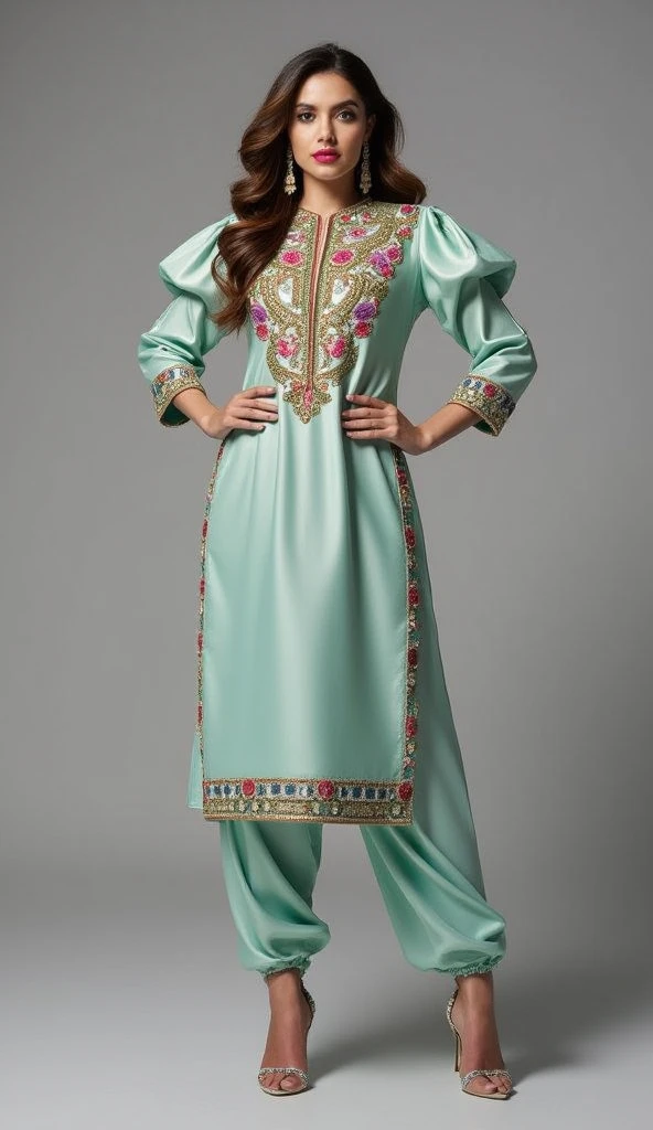 a tall and striking woman with golden-brown wavy hair, exuding confidence and charm. Her flirtatious expression enhances her captivating allure. She is dressed in a stunning Punjabi-style slim-fit outfit made of mint green shiny pure soft satin fabric, with intricate multicolor handwork adorning the yoke of her high-neck kurti. The kurti features exaggerated puffy shoulders, adding dramatic flair, while the slim-fit 3/4 sleeves contribute an elegant touch. She pairs the kurti with a flowing dhoti-style shalwar, enhancing the overall sophistication of the look. Her high heels elevate her poised and graceful stance. The combination of these elements creates a look that is both sophisticated and bold, radiating an alluring energy.