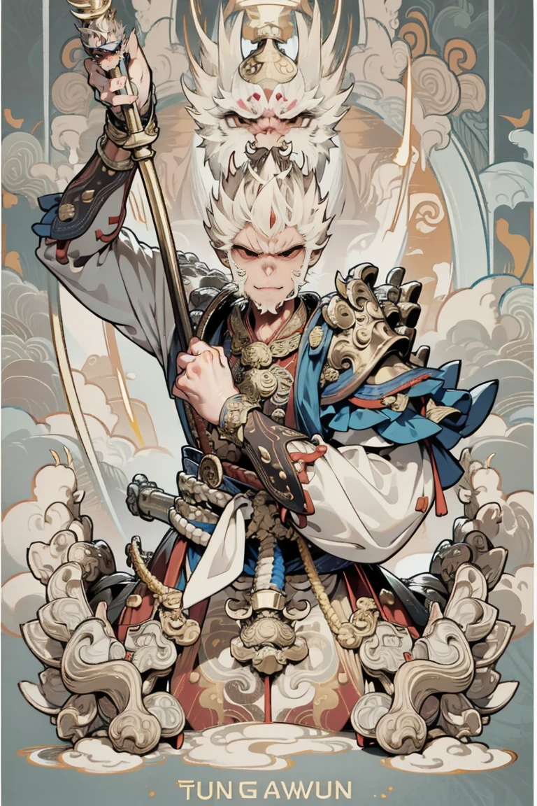 , 1 man ,Sun Wukong,(( Holds a Golden Mace)),cloud,Bare your fangs, fierce ,Age25 ,ขี่cloud,((Smooth Mats)),Full body,(( hand details )),(( Face Details))