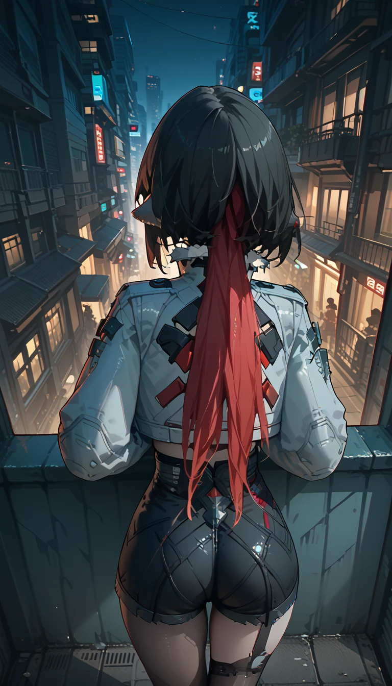 yanedoe- zzz, aqua eyes, long hair, black hair,  red hair ,animal ears, filmed from behind, Above the building, I look at the city,  facing the viewer , night city, cyberpunk street, 