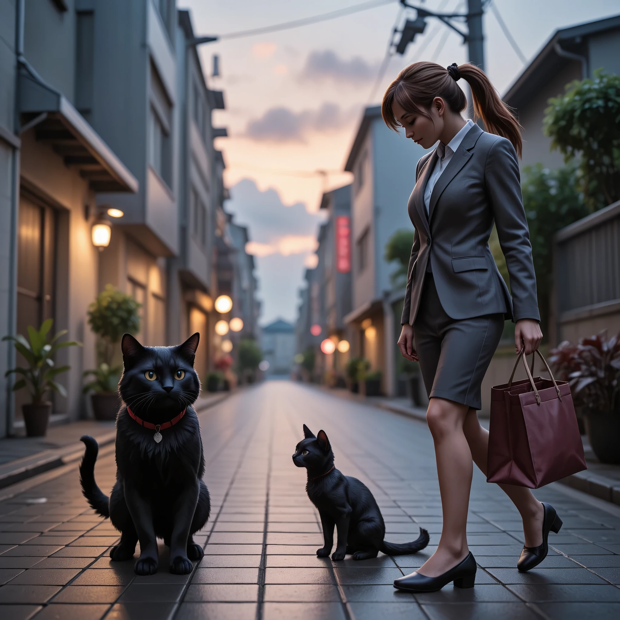 (  realistic  ,photo  realistic  ,photo-  realistic  :1.37),  A small road lined with Japanese condominiums in a residential area  、白Tシャツドレスを着るスコティッシュフォールドの  black cat ((Cait Sith))、 2本足で歩く人間の背丈と同じくらいbody格の良いスコティッシュフォールドの  black cat ((Cait Sith)) body、  small droopy ears  、  Details, Narrow eyes, Half an eye, , (My neck hair is brown )、  with a shopping basket in her hand  、  A Japanese woman with a brown ponytail wears a gray business suit and holds shopping bags  、 a woman and a  black cat are watching each other 、  a pleasant sight after shopping at dusk  、飼い猫の  black cat が人間のように振る舞うユーモラスな世界観、  black cat 。