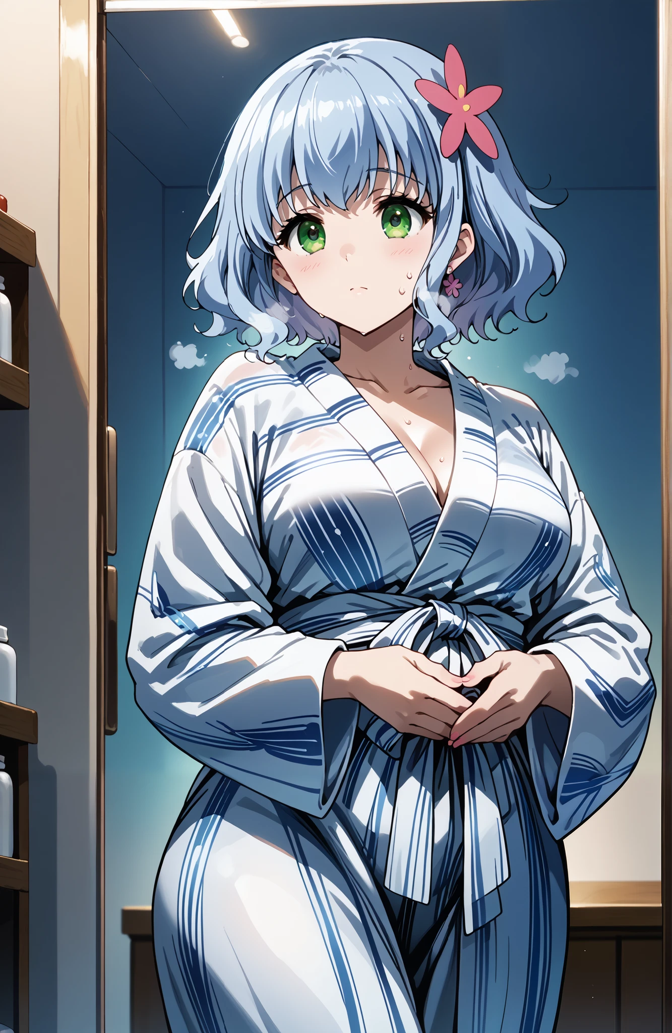 score_9, score_8_up, score_7_up, source_anime, 4K,perfect fingers,(perfect hands, perfect anatomy),
1girl,solo,amagimuse, muse, blue hair, green eyes, short hair, hair ornament, large breast,
wearing ((cotton yukata)),,
sexy pose,Hands on stomach,steaming body,sweating,heavy breathing,drying,front look,