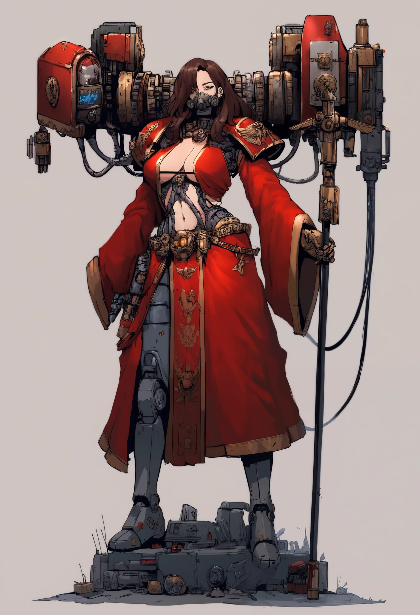 Anime, Concept art, Absurd resolution, high resolution, (masterpiece: 1.4), hyper-detail, octosoup, warhammer 40k, 1woman, admech, staff, red robe, cybernetics, long hair, brunette, cyborg, mechanical hands, boob window, midriff, gas mask, tubes, wires, raggy clothes, cybernetic eye, adeptus mechanicus, red robe, tech priest, mechanical joints