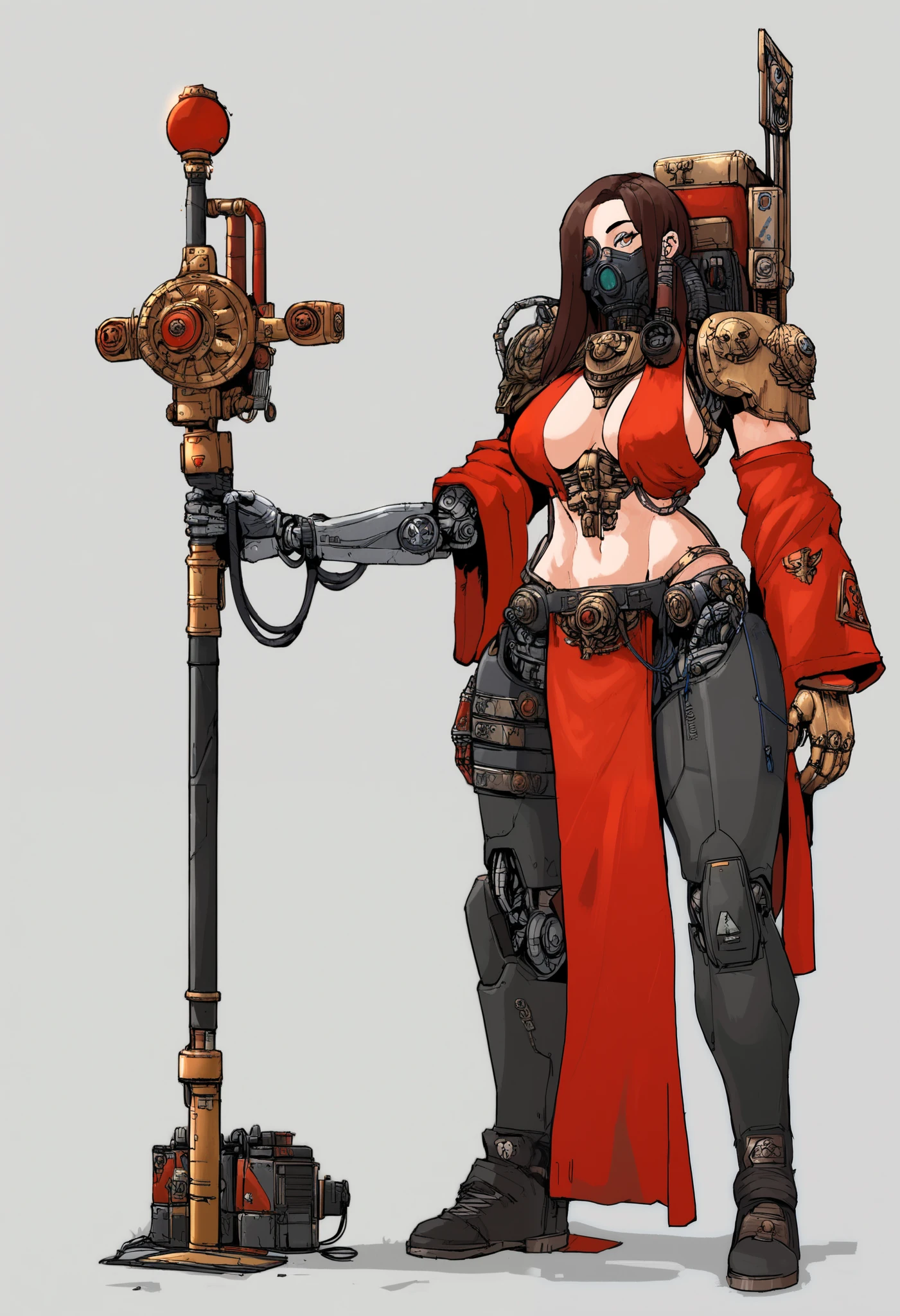 Anime, Concept art, Absurd resolution, high resolution, (masterpiece: 1.4), hyper-detail, octosoup, warhammer 40k, 1woman, admech, staff, red robe, cybernetics, long hair, brunette, cyborg, mechanical hands, boob window, midriff, gasmask, tubes, wires, raggy clothes, cybernetic eye, echanical joints, large boobs, wide hips,