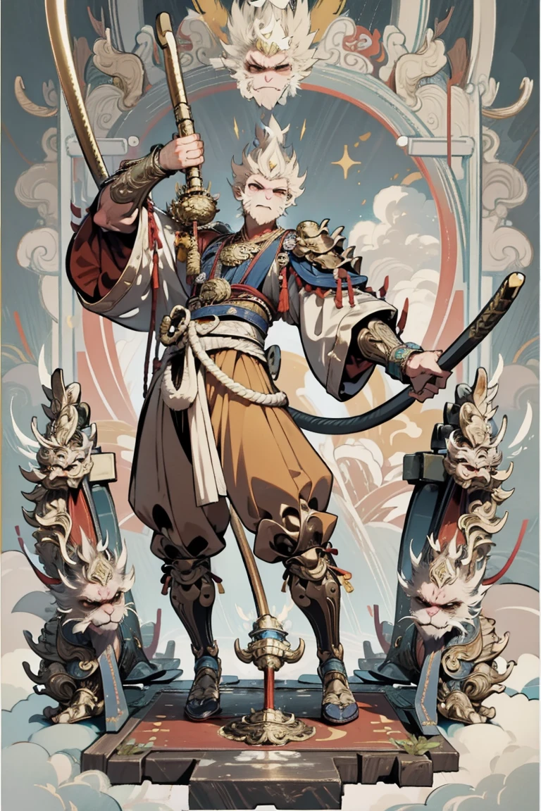 , 1 man ,Sun Wukong,(( Holds a Golden Mace)),cloud,Bare your fangs, fierce ,Age25 ,ขี่cloud,((Smooth Mats)),Full body,(( hand details ))