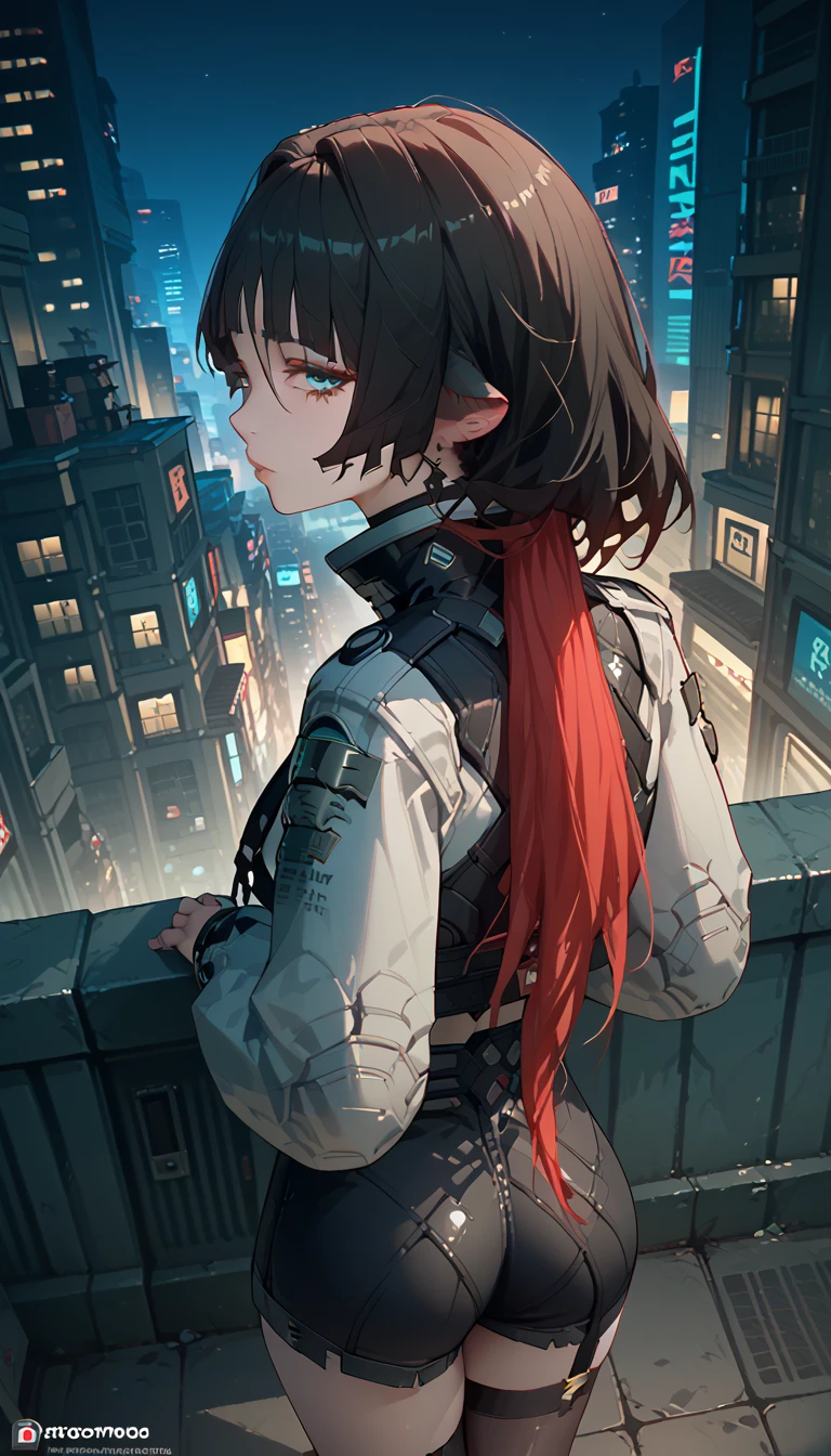 yanedoe- zzz, aqua eyes, long hair, black hair,  red hair ,animal ears, filmed from behind,  looks at the viewer , very sexy, Above the building, I look at the city,  facing the viewer , night city, cyberpunk street, 