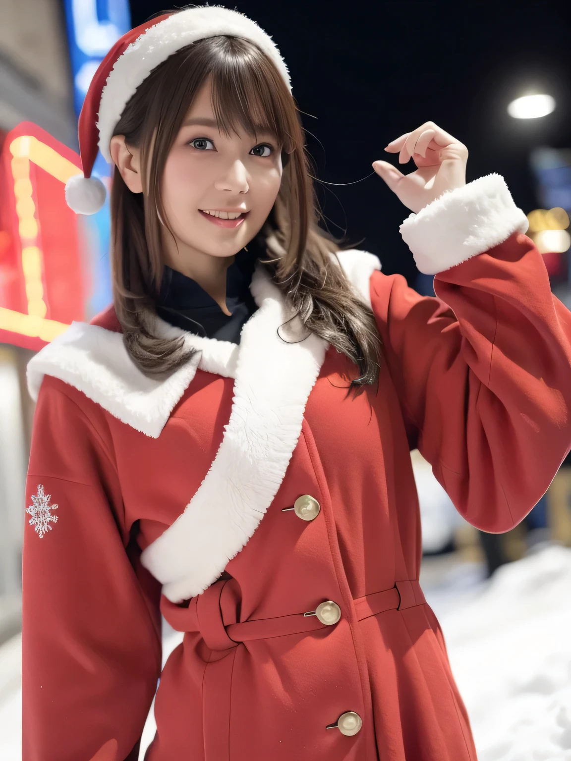 A young woman dressed in a classic Santa Claus outfit stands at a bustling street corner, her red and white coat and matching skirt perfectly tailored to her petite frame. Black boots crunch softly against a thin layer of fresh snow. On her back, she carries a large white sack brimming with presents, the fabric slightly bulging as if barely containing the festive treasures within. The warm glow of Christmas lights strung across storefronts reflects off the snow-covered ground, while the sky transitions from a fiery orange of sunset to a deepening twilight blue. Snowflakes drift lazily through the air, adding a touch of magic to the scene. Her radiant smile and sparkling eyes exude joy, creating a stark yet heartwarming contrast to the serene winter evening, embodying the spirit of the season. 20-year-old woman。( RAW photos , top quality ), ( realistic , photo- realistic :1.4), masterpiece, extremely delicate and beautiful, extremely detailed, 2k wallpaper, wonderful, Detailed description, extremely detailed CG unity 8k wallpaper, ULTRA DETAIL, high res, Soft light, beautiful detailed girl looking back, extremely detailed eyes and face, beautiful detailed nose, beautiful detailed eyes, cinematic lighting , Perfect Anatomy, slender body, smile, ( long hair) .