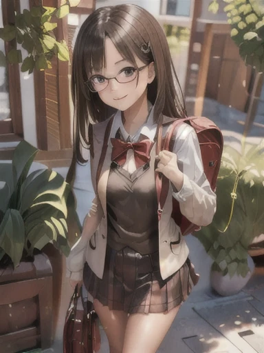 (masterpiece, best quality:1.0), realistic, highly detailed,  seiteki detail,  1girl , full body naked, ultra cute girl, extreme cute girl, high school student seiteki, white hair, long hair, braided hair, ahegao, purple eyes, glasses, very tight UNiform, red bowtie, collared shirt, sweater vest, blazer, black blazer, opened jacket, long sleeves, plaid skirt, brown skirt, outdoor,  smile,  standing, cowboy shot, wearing school backpack, (red backpack:1.2)