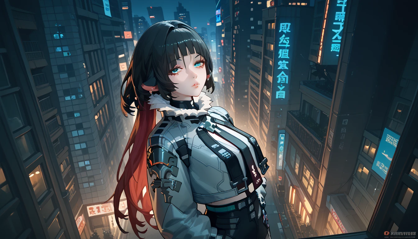 yanedoe- zzz, aqua eyes, long hair, black hair,  red hair , animal ears,  looks at the viewer ,  correct anatomy 1 .1., very sexy, Above the building, I look at the city,  facing the viewer , night city, cyberpunk street, 