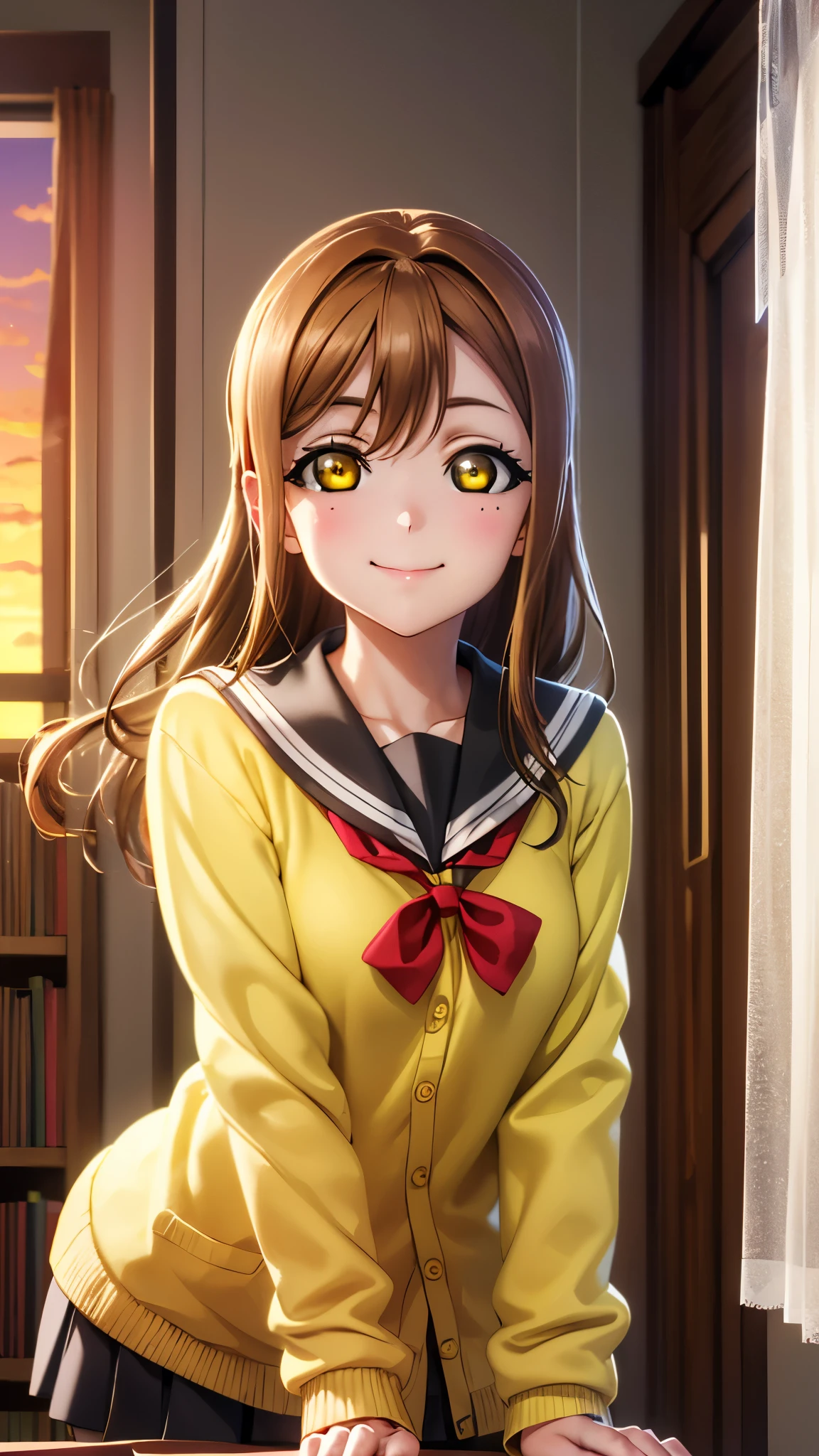 Hanamaru Kunikida, Hanamaru Kunia   ,  long hair, bangs, Brown Hair, ( yellow eyes:1.3),
 school uniform, Sera Clothing  ,  Cardigan, uranohoshi  school uniform, yellow  Cardigan, break (masterpiece:1.2),  top quality ,  high res, unity 8k wallpaper, ( illustration:0.8), ( beautiful detailed eyes:1.6),  Extremely Exquisite Face ,  perfect lighting,  extremely detailed CG, (perfect hand,  Perfect Anatomy), ((Libraries)) , blush,  smiling, ((( lace curtains fluttering in the wind))),(((Sunset library ))),