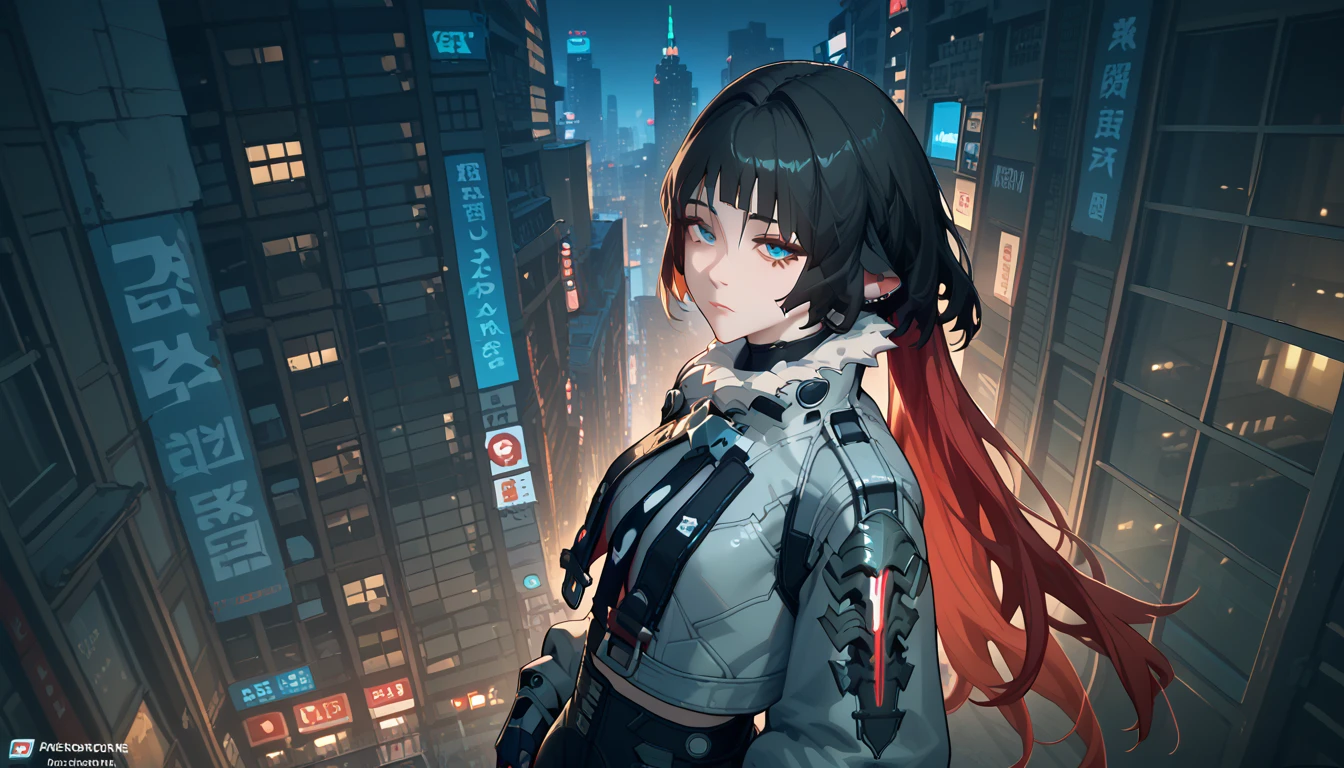 yanedoe- zzz, aqua eyes, long hair, black hair,  red hair , animal ears,  looks at the viewer ,  correct anatomy 1 .1., very sexy, Above the building, I look at the city,  facing the viewer , night city, cyberpunk street, 