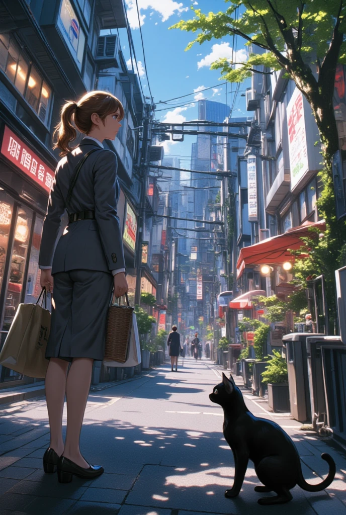 (   realistic   ,photo   realistic   ,photo-   realistic   :1.37),    small road with Japanese condominiums lined up in a residential area    、白Tシャツドレスを着るスコティッシュフォールドの    black cat ((Cait Sith))、 2本足で歩く人間の背丈と同じくらいbody格の良いスコティッシュフォールドの    black cat ((Cait Sith)) body、    small droopy ears    、   Details, Narrow eyes, Half an eye, , (The neck is brown   )、   with a shopping basket in her hand   、    a Japanese woman in a brown ponytail is wearing a gray business suit and carrying shopping bags   、 a woman and a    black cat are watching each other 、   a pleasant sight in a dim time after shopping   、飼い猫の    black cat が人間のように振る舞うユーモラスな世界観、    black cat 。