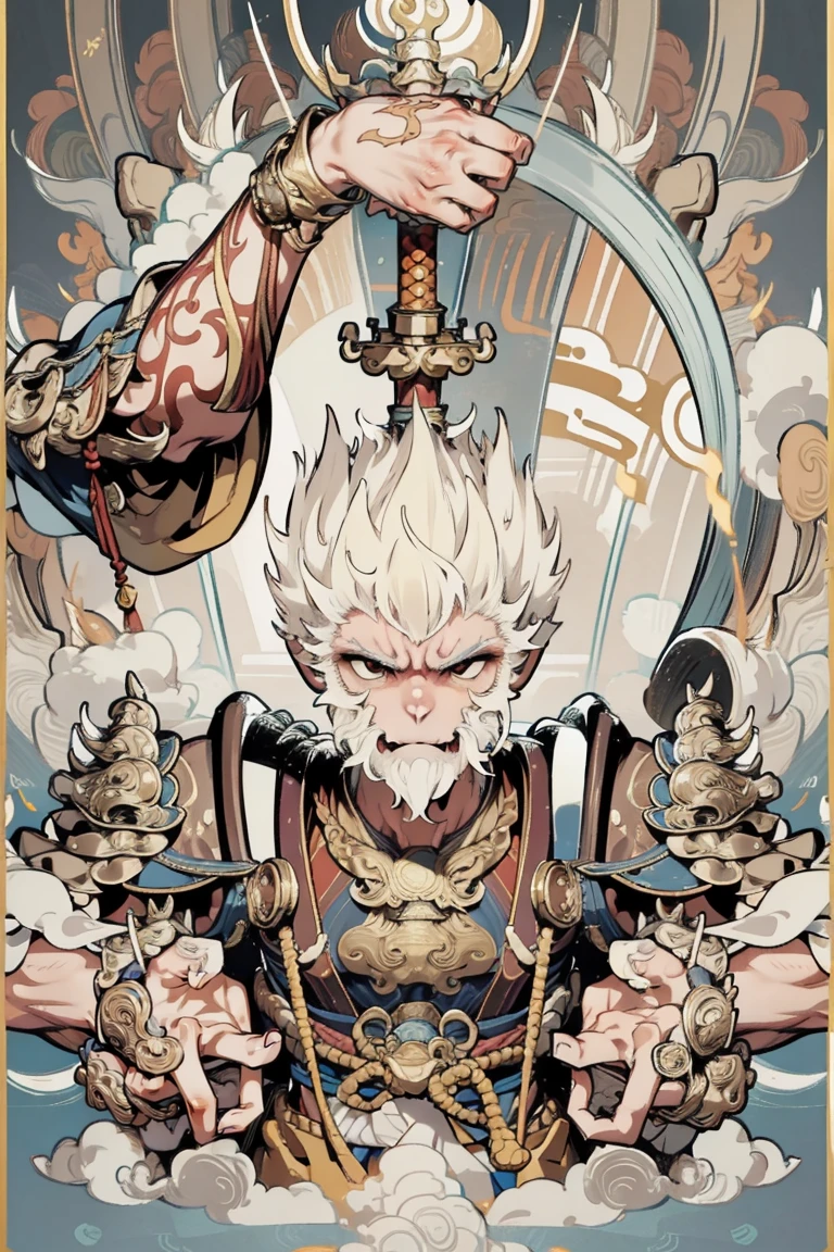 , 1 man ,Sun Wukong,(( Holds a Golden Mace)),cloud,Bare your fangs, fierce ,Age25 ,ขี่cloud,((Smooth Mats)),Full body,(( hand details )),(( Face Details))