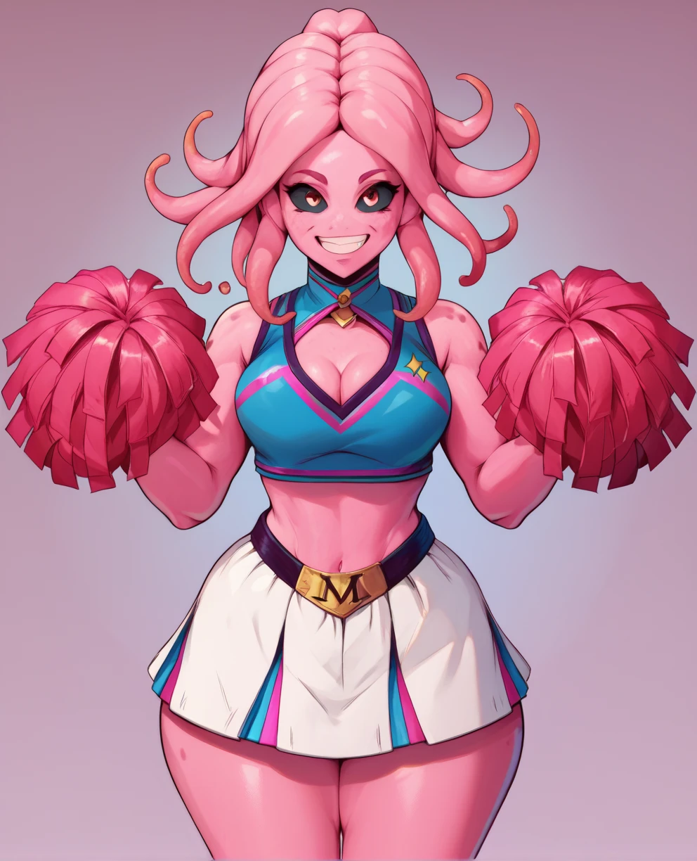 Pink skin, pink hair, tentacle hair, cheerleader outfit, m belt, cleavage, midriff, twins, smiling, big hips,