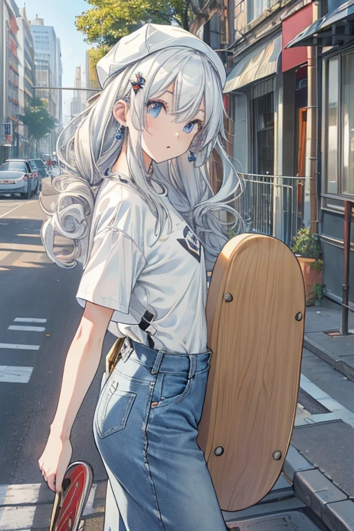 ((top quality)),((masterpiece)),((perfect face)),(ultra-detailed), ultra high res, 8k, UHD, ((View from the side, dynamic angles, front view, cinematic, high contrast)), ((Petite girl on skateboard, Skateboard with lots of stickers)), ((petite girl, blue eyes, drooping eyes, hair ornament, Denim Roll Cap, Oversized white T-shirts, baggy denim, vans)), ((white hair, long hair)), ((white skin)), ((city, sidewalk, patches of sunlight, particles of light, divine light)), 1girl, solo, petite, petite girl, Kawaii Tech, Pastel Colors, Cute, Cute Colors, Very Beautiful, Cute, Adorable, Alone, Blue Eyes,petals, shenhefd, earrings, ai-generated, masterpiece, best quality, very aesthetic, no human, intricate colors, vibrant colors,