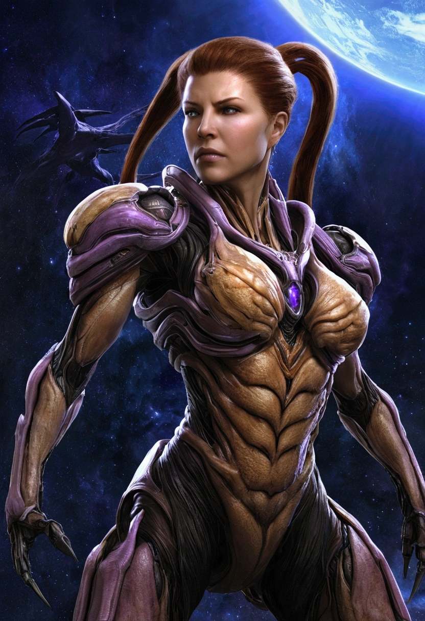 ((view from above:1.2)), 1female，35yo，extremely large bosom， 独奏，（Background with：dark space, galaxies，space station，sun glare）, (puffy lips:1.2), ((sarah kerrigan, mature face))，bobo head，Stand on the plane，seen from the front （（（masterpiece），（Very detailed CG unity 8K wallpaper），((muscular)), ((muscular legs:1.4)), ((muscular biceps:1.2)), best qualtiy，cinematic lighting，detailed back ground，beautiful detailed eye, right pupil, blue eyes，Redlip（Very fine and beautiful），（Beautiful and detailed eye description），ultra - detailed，masterpiece，））A high resolution，ultra - detailed），(gigantic breasts:1.3)，legs standing wide apart，Raised sexy， lushed complexion，Desire for satisfaction，frontage）scifi style
