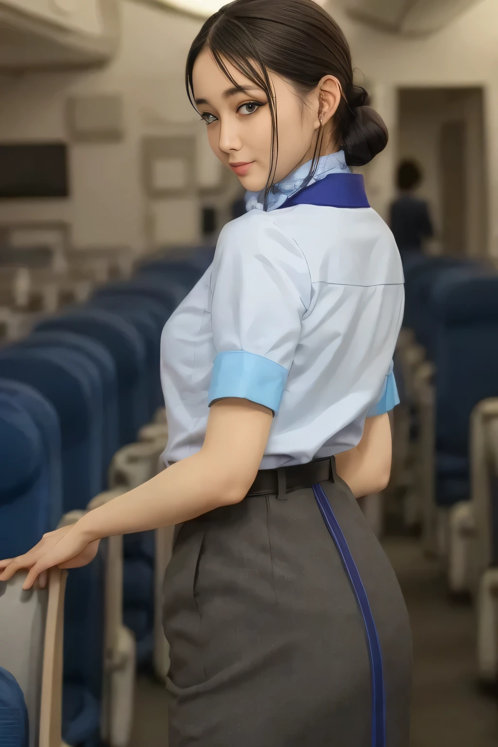 (masterpiece:1.2, top quality:1.2), 32kHDR,  high res 。  perfect for loosely aligning legs  , (alone、  1 girl)、（ Rooftop of a building during the day 、 Professional writing ）、  against the roof of a building  、（ANA cabincrew uniform blue wear 、 real style  ）、（（ ANA cabincrew uniform blue short sleeve blouse  、 ANA cabincrew uniform blueの後ろに青いラインが入ってるスカート、 Put a scarf around your neck ））、 Has a lot of dark brown hair  、（  long hair、Hair tied up、Hair tied up,  braid summary hair  ）、 Has a lot of dark brown hair  、 long hit 、Big Breasts、Thin legs、（（ Amazing hands  ：2.0）），（（ 。  physique in harmony with the roof of a building  。 ：1.5）），（（ generally limbs：2.0）），（（generally ：2.0）），（（ Delicate eyes：2.0）），（（generally eyes ：2.0））)、 smile 、（  ANA cabincrew uniform blue figure showing beautiful back ）、  cross hands under the body 