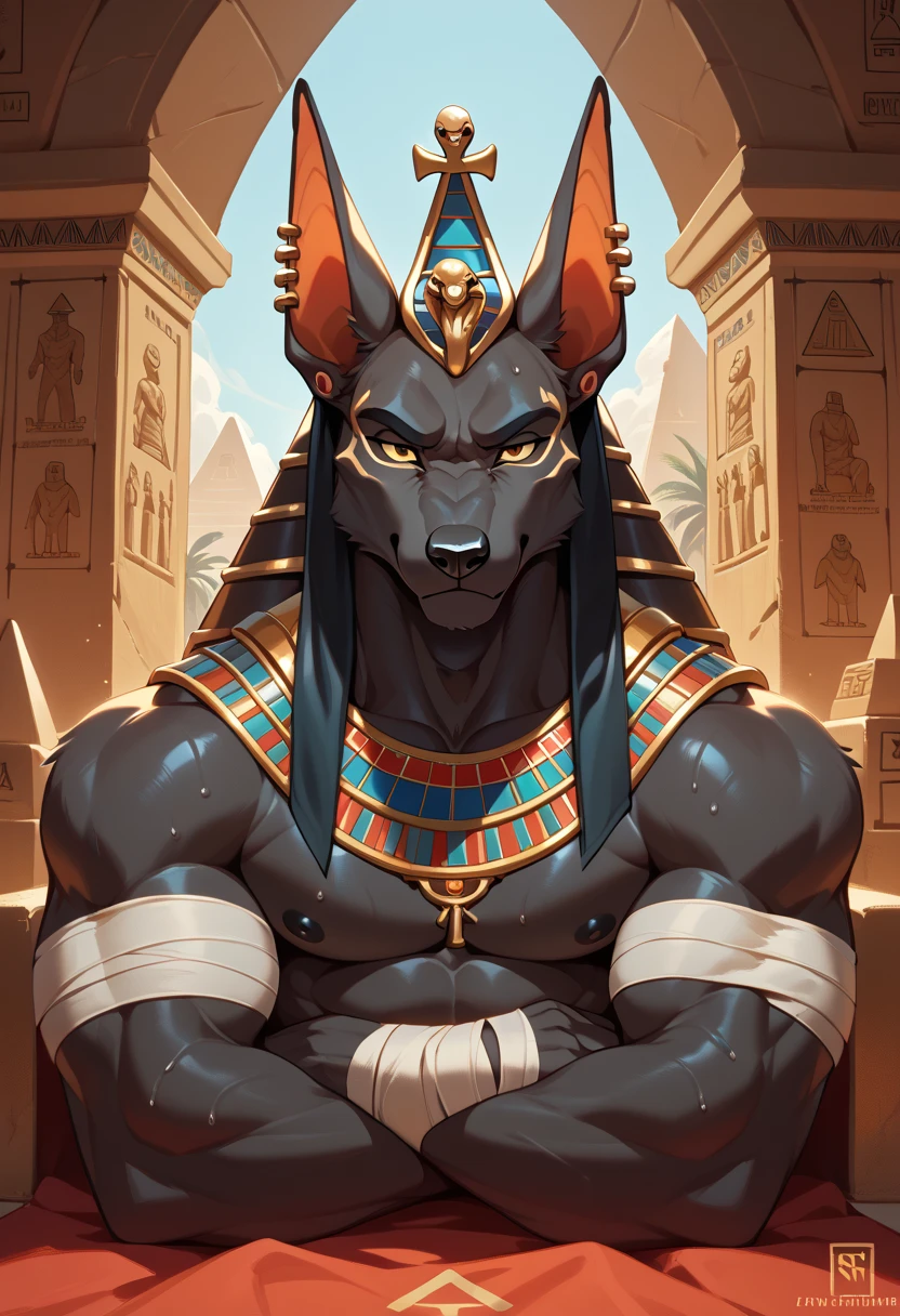  Best Quality , masterpiece, Ultra High Resolution , Detailed Background, actual , True light and dark, photo depth ,, ( furry male ), ( Black Jackal furry ), Egyptian broad-necked , Sexy body ,  sweaty body ,  bandages on your shoulders and arms,   bandages around the body , pyramid, altar, morning, Morning Light, Buffy ,  old guy ,  golden eyes，Anubis，  sit on the throne , close up, Buffy ，muscle, Contempt, Gold earrings， ancient runes  ,  with black fur , All Black.Support your chin with one hand ， strabismus