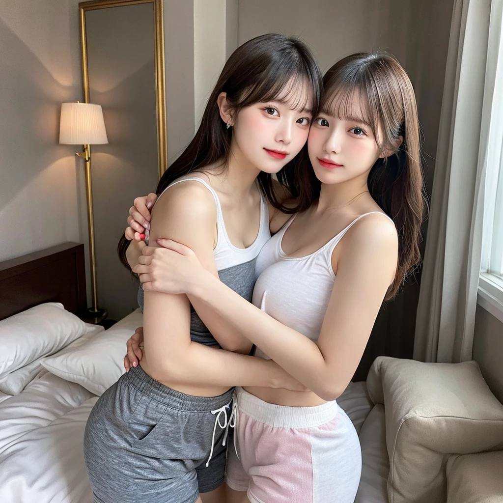 Smart handsome young man aged 25 Height 170, wearing a cute cartoon t-shirt, hugging a young woman in Korean style, age 22, height 160, cute and sweet face. Wear light, flowing swimsuits and light-colored shorts. 8K virtual reality. Realistic: The back has the message Happy Valentines.
