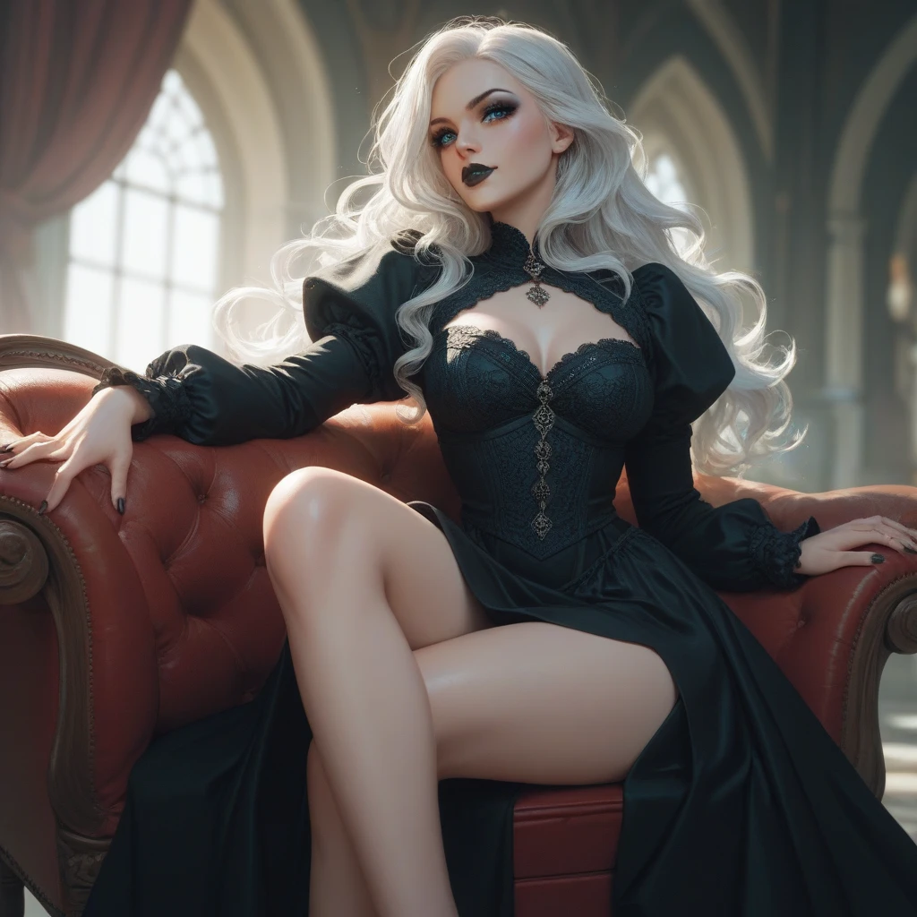 Generate an image of 22-year-old woman
with a gothic style
shoulder length wavy white hair short
dark long medieval dress
black rings
black pointed nails
cyan eyes
all body, With the tip of cyan hair
black lipstick
black eye makeup
long legs