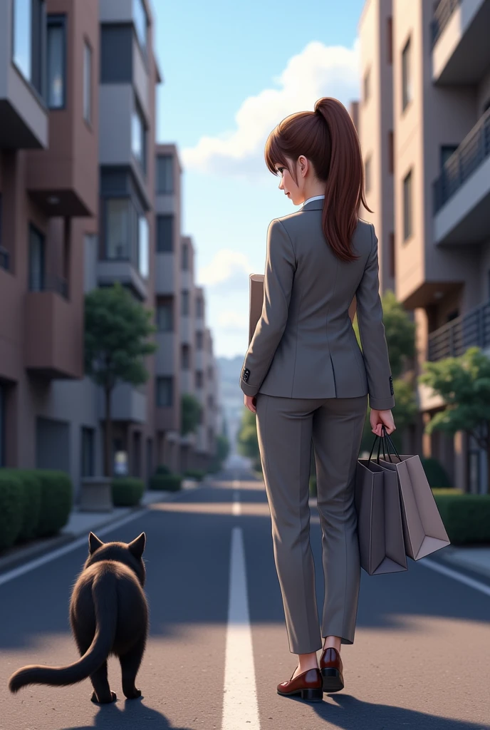 (  realistic  ,photo  realistic  ,photo-  realistic  :1.37),  small road with Japanese condominiums lined up in a residential area  、白Tシャツドレスを着るスコティッシュフォールドの  black cat ((Cait Sith))、 2本足で歩く人間の背丈と同じくらいbody格の良いスコティッシュフォールドの  black cat ((Cait Sith)) body、  small droopy ears  、  Details, Narrow eyes, Half an eye, , (The neck is brown  )、  with a shopping basket in her hand  、  a Japanese woman in a brown ponytail is wearing a gray business suit and carrying shopping bags  、 a woman and a  black cat are watching each other 、  a pleasant sight in a dim time after shopping  、飼い猫の  black cat が人間のように振る舞うユーモラスな世界観、  black cat 。