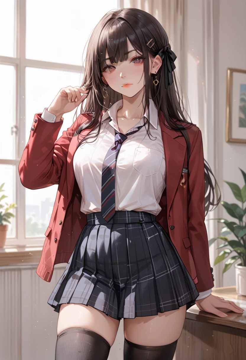 School Uniform, red blazer, modern style with fitted jacket, red waistcoat, black plaid pleated skirt,  big black ribbon on chest , high socks