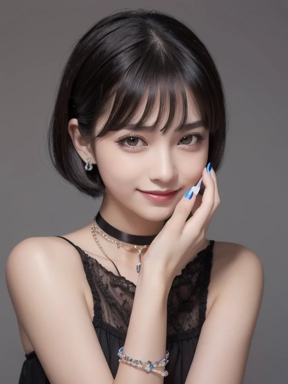 Pilyeon, Alone,   One Girl  , Black nails, gem,   short hair ,   viewers,   choker  ,   necklace,    piercing on the spot  , White background, heart,    mouse with closed eyes ,   gray eyes,   nail polish,   simple background ,   gray hair, ear    piercing on the spot  , black   choker  , smile,   eyelash  , lips,  bangs,  The upper body is red  , beads, gem,   with name for women , fingertip 