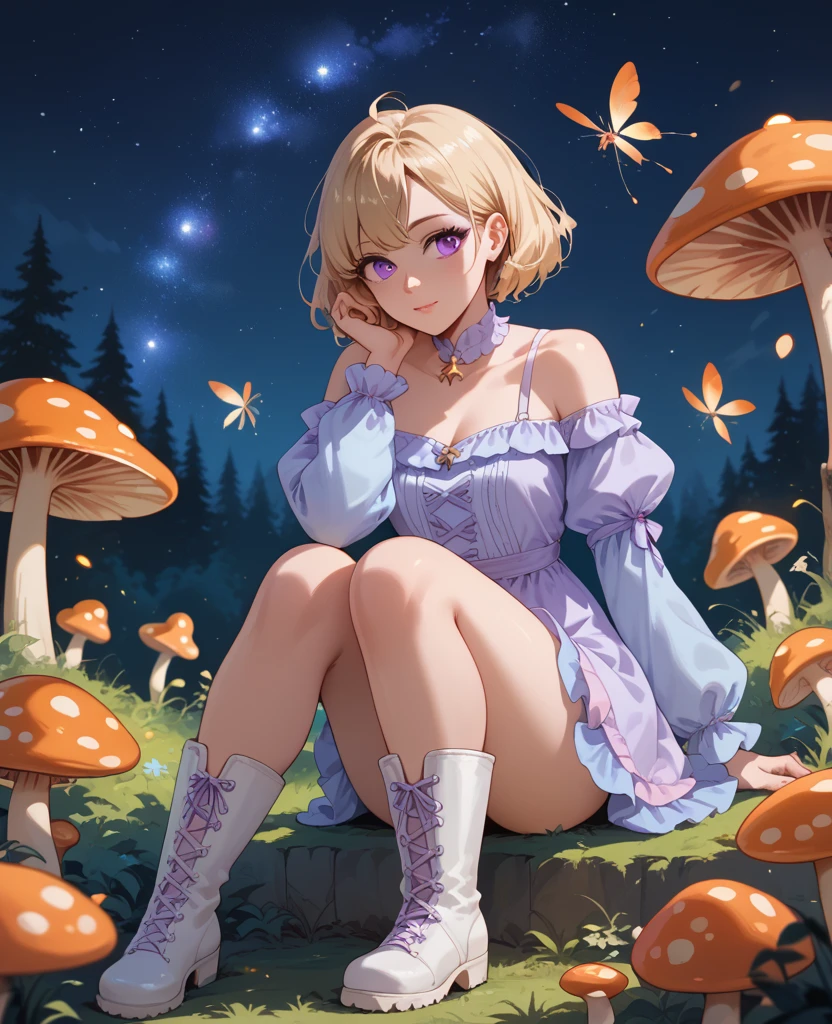 Light blonde haired anime girl with pale blue purple eyes wearing pink off shoulder puffy sleeves dress and knee length white boots sitting in the woods next to an orange mushroom surrounded by fireflies under starry sky sitting