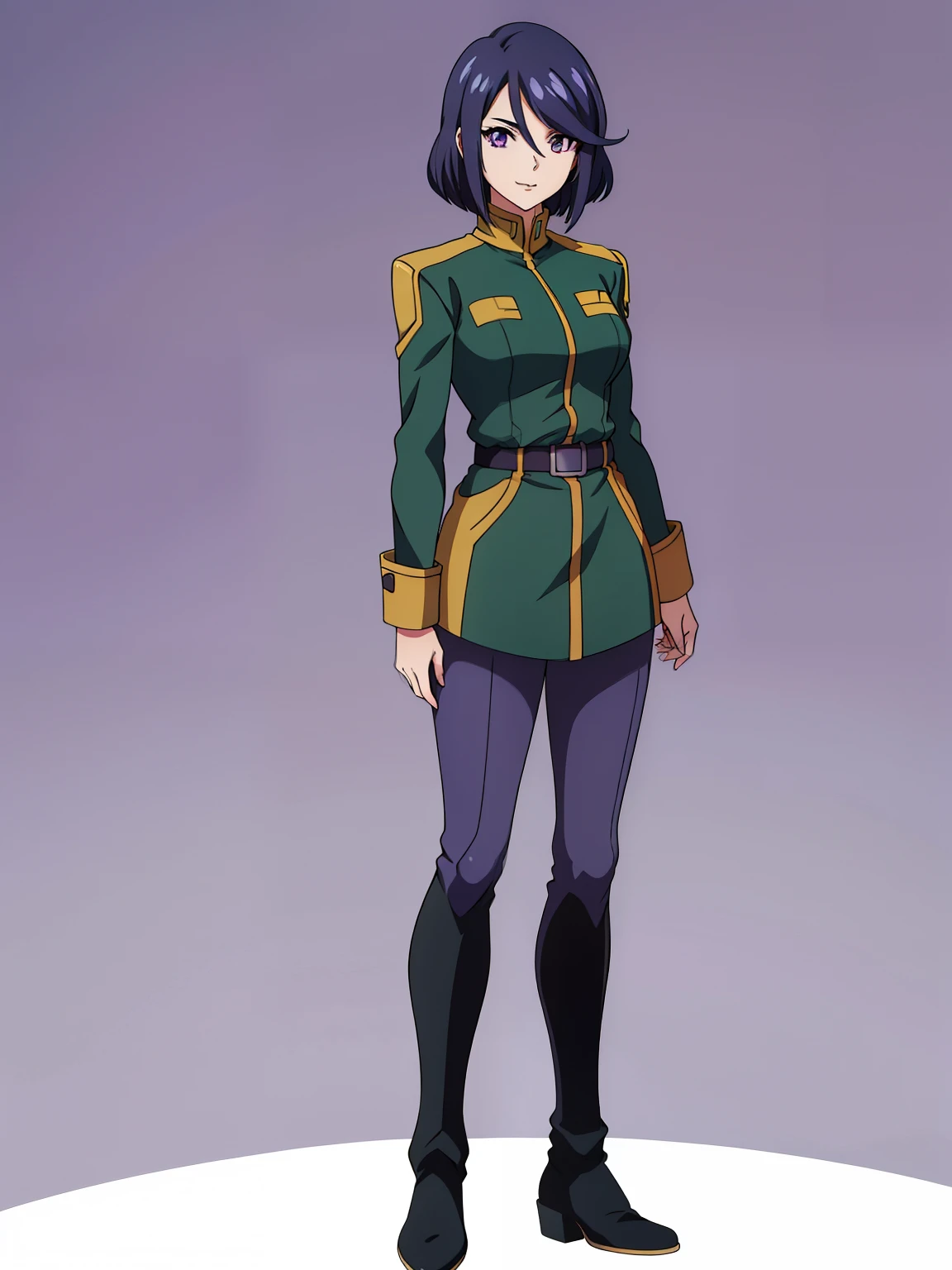 hair over one eye(high-quality, breathtaking),(expressive eyes, perfect face) 1girl, female, solo, adult age, Symmetrical Eyes, simple background, medium hair, portrait, looking at viewer, purple eyes, blue hair, black streaks, sprite, facing viewer, looking at viewer, standing straight, front view, G Gundam style, white shirt, green jacket, hourglass figure, cute smile, belt, pants, boots, medium full shot, full body