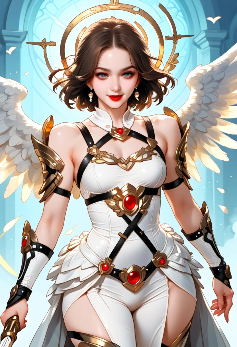  a beautiful and sensual woman ,Red lips,happy face,large curves,small breasts,Dark brown hair,((grey eyes)), light and simple armor adapted for hand-to-hand combat,perfect anatomy,perfect body,angel wings,