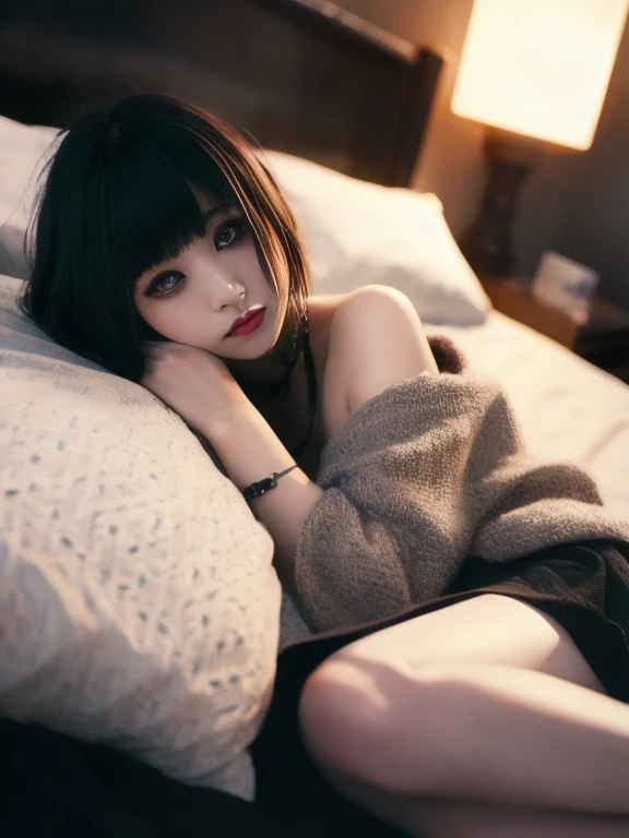     bed、   DIESEL PUNK      ,       Atmospheric volumetric fog      , masterpiece,       illustration,  top quality , 8k,      high res  ,       wallpaper,       cinematic lighting  ,      1 Japanese woman     、    beauty 、     gothic makeup  、Big Breasts 、  close-up 、 skirt、Bare legs、     skirtめくり、 