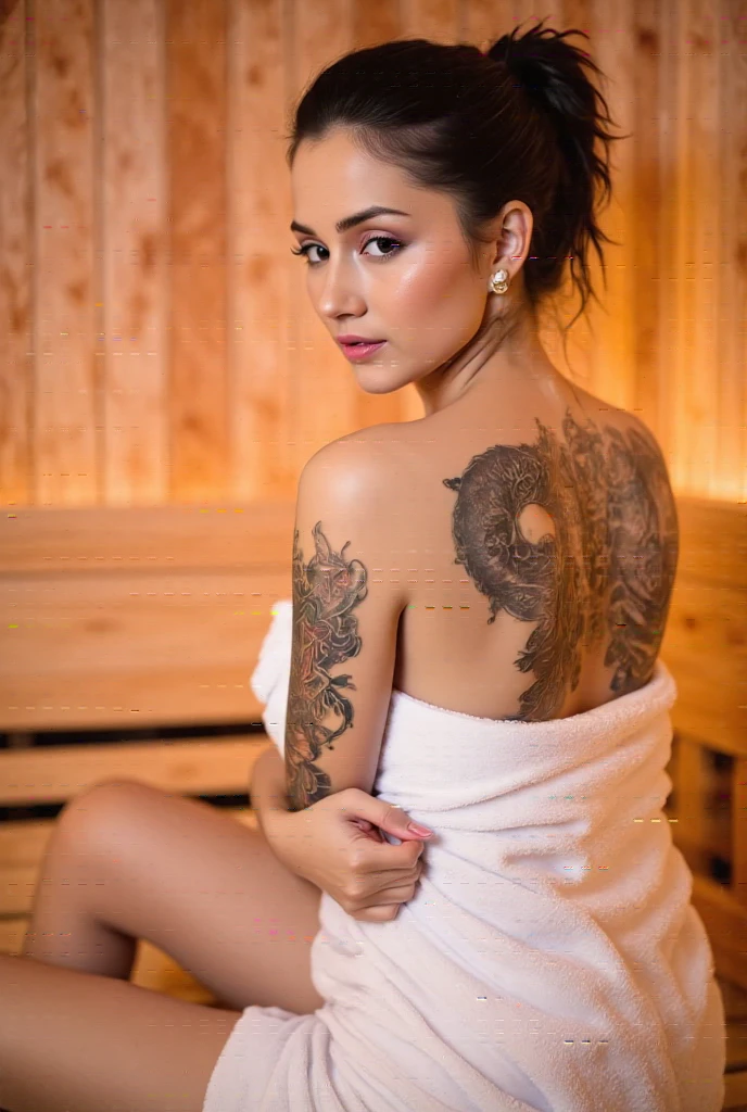 A beautiful indonesian woman, tied hair wearing towel, dragon tattoo on her back and arm, in the sauna room with led light, look back at the viewer, 