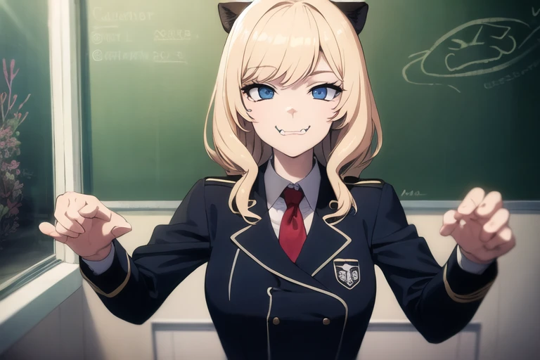   high res 、  high res 、 High image quality 、masterpiece、 one beautiful woman inside the aquarium building  、２５age、 school teacher 、 blondes、 blue eyes、Navy Suit、 school classroom、  Cute Poses 、 blackboard 、smile、(( depicting only the upper body ))、(( woman with a panther face ))