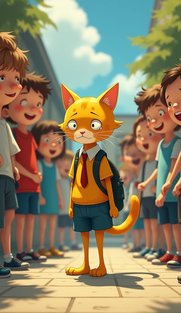 A muscular orange and white cat in red shorts sits in a classroom, surrounded by children in school uniforms walking around. The scene is animated in Pixar style, showing detailed textures and vibrant colors that highlight every detail of the muscles. He has a blue backpack on his back. High resolution, realistic image quality.