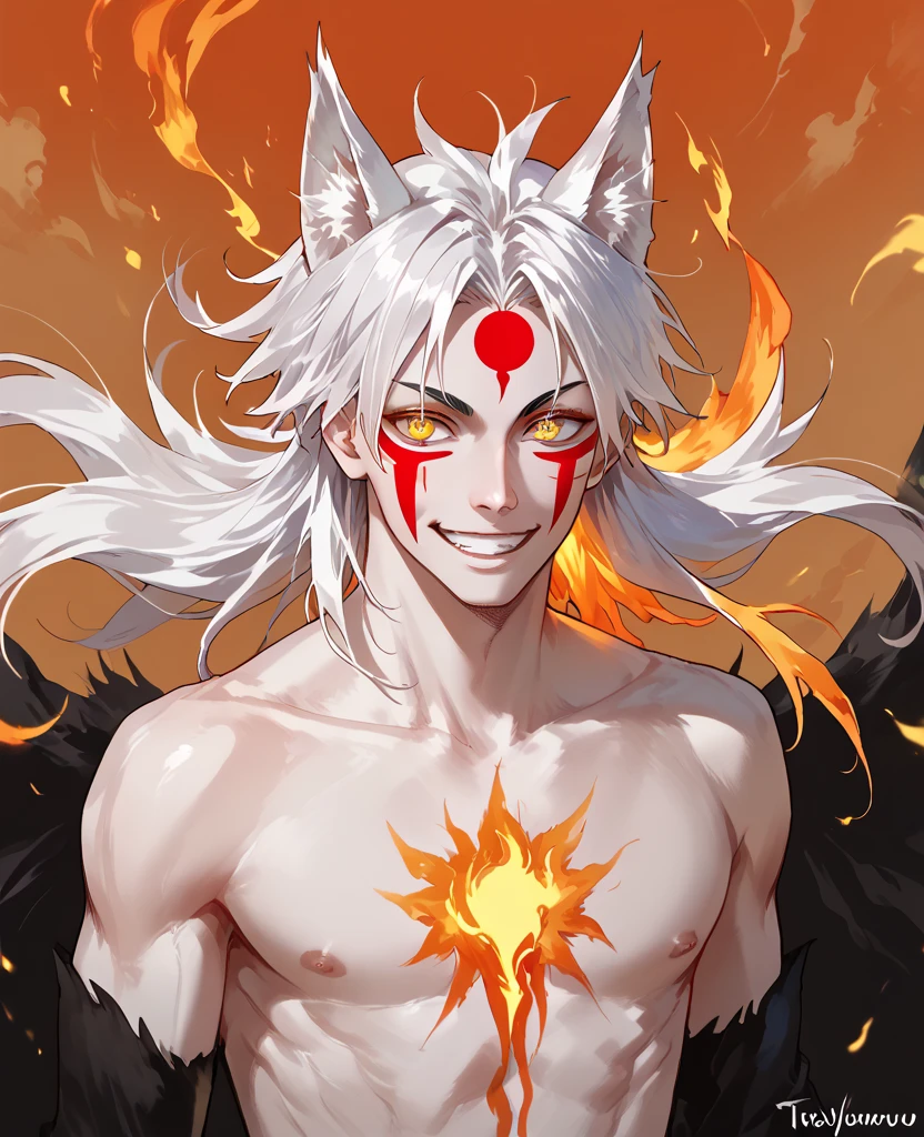 man, fiery hair, white skin, red face paint, jentry chau, anime style, fire powers, yellow cat eyes, white hair, third cat eye on forehead, voluminous hair, orange twilight sky, smile, kitsune