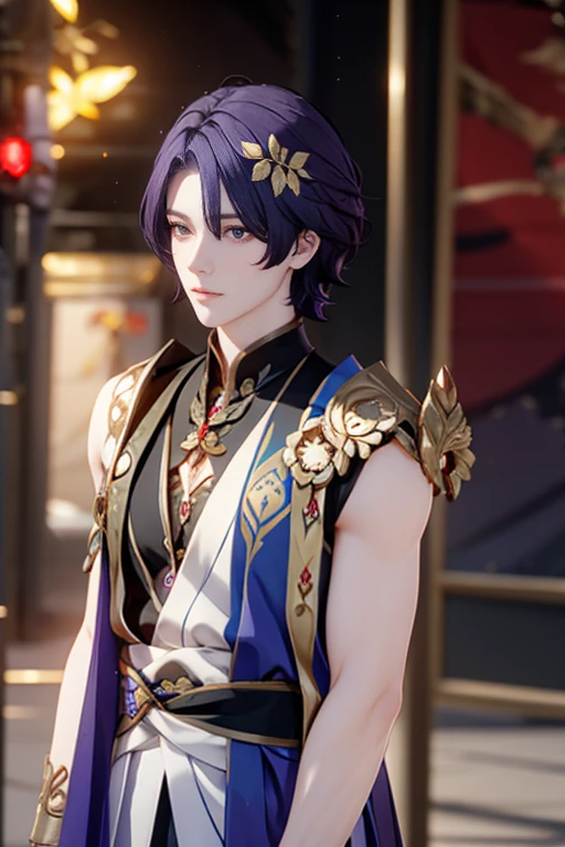 A boy, solo, short hair, purple hair,( red eyes), golden leaf hair ornament.